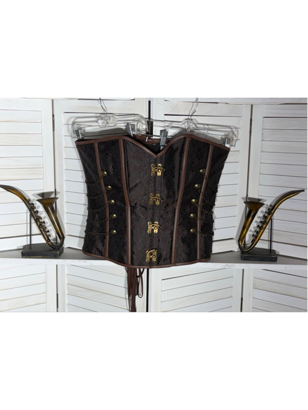 Gothic Steampunk corset brown leather brocade steel chain heavy duty Ren Fair 6X